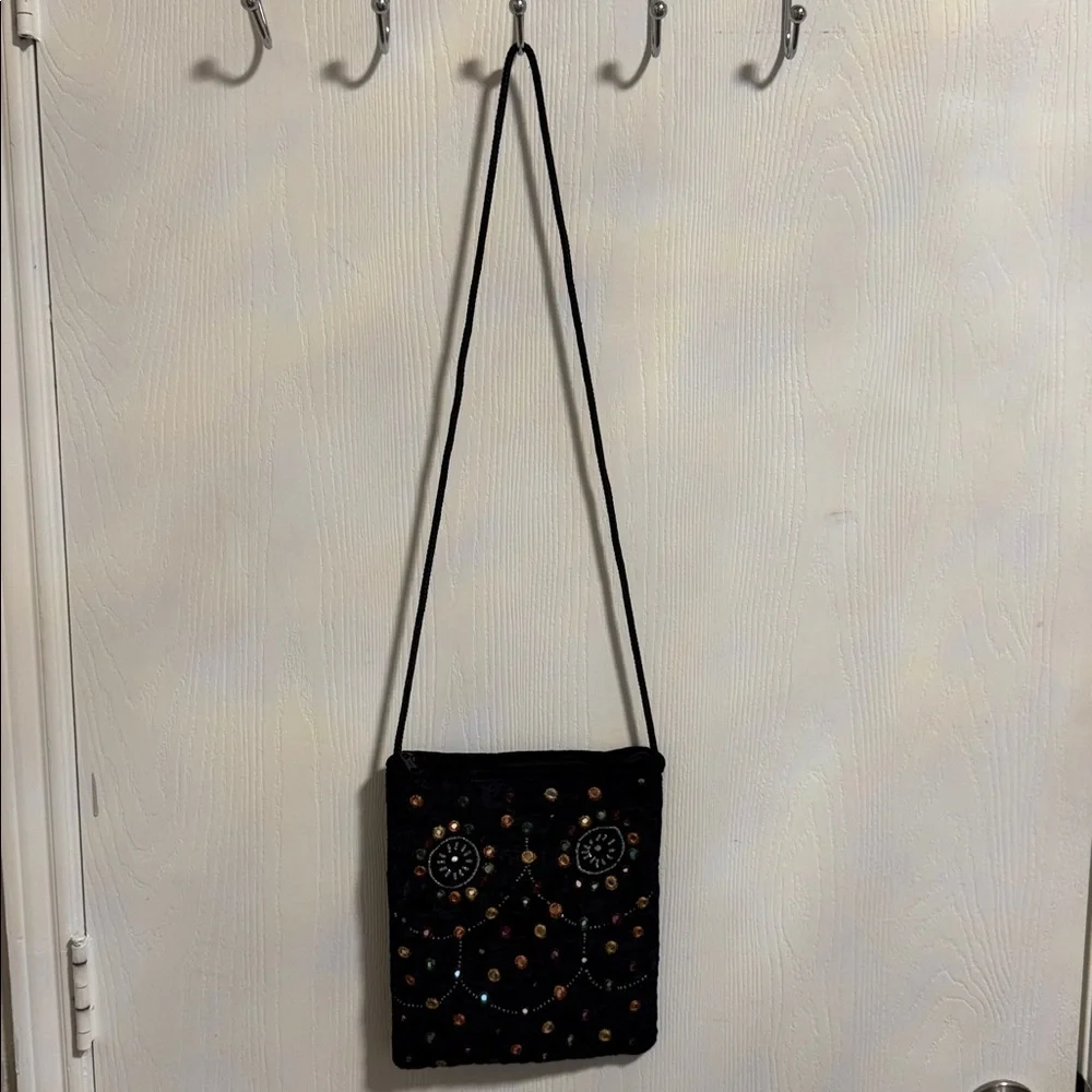 Velvet Beaded Black Crossbody Bag Colorful Design Classy Bohemian Zipper Close‎